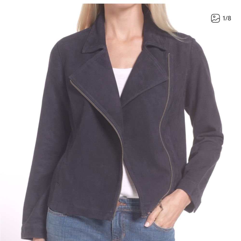 Eileen Fisher Asymmetrical Zip Suede Jacket M Navy